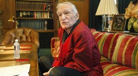 Hugh Hefner at his home in California in May. (L.A. Times)
