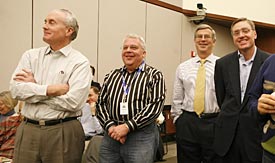 Randy Michaels, second from left, listening to Sam Zell's press conference after he took over the Tribune Co. in 2007. (Chicago Tribune / Jose More)