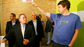 Groupon CEO Andrew Mason gives a tour of his company's offices to Mayor Richard Daley after Daley announced a new committee on technology infrastructure, Aug. 31, 2010. (Brian Cassella/ Chicago Tribune)