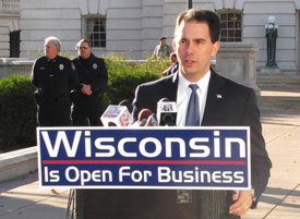 Wisconsin governor-elect Scott Walker speaks to reporters Nov. 3, 2010. (AP Photo/Scott Bauer)