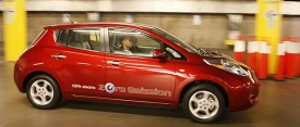 The Nissan Leaf, a 100 percent electric car is test driven at the 2010 Los Angeles Auto Show. (AP/Damian Dovarganes, file)