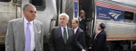 In this April 26, 2010 file photo, Transportation Secretary Ray LaHood, left, accompanied by. Sen. Christopher Dodd, second from left, get off an Amtrak train in Hartford, Conn. (AP Photo/Jessica Hill, File)