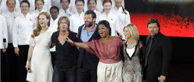 American talk show host Oprah Winfrey, third from right, is joined by Australian stars, from left, Nicole Kidman, Keith Urban, Hugh Jackman, Olivia Newton John and Russell Crowe in Sydney Tuesday. (AP/ Jeremy Piper)