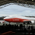 The 747- 8 Intercontinental, Boeing's largest-ever passenger airplane, returns to it's hanger from it's first flight, Sunday. (Mark Ralston/AFP/Getty)