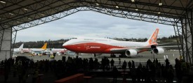 The 747- 8 Intercontinental, Boeing's largest-ever passenger airplane, returns to it's hanger from it's first flight, Sunday. (Mark Ralston/AFP/Getty)