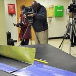 The NTSB displays the 5-foot-long fuselage skin section taken from the Southwest Airlines accident aircraft on Tuesday. (Jewel Samad/AFP/Getty)