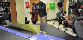 The NTSB displays the 5-foot-long fuselage skin section taken from the Southwest Airlines accident aircraft on Tuesday. (Jewel Samad/AFP/Getty)